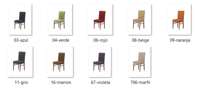 Gama de colores fundas para asiento y respaldo de sillas "Kaelyn" Gama de colores fundas para asiento y respaldo de sillas "Kaelyn"